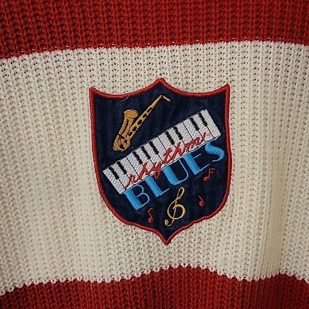 VTG MIXED BLUES 1980s Oversized Varsity Grunge Unisex Pullover Sweater - Picture 3 of 6